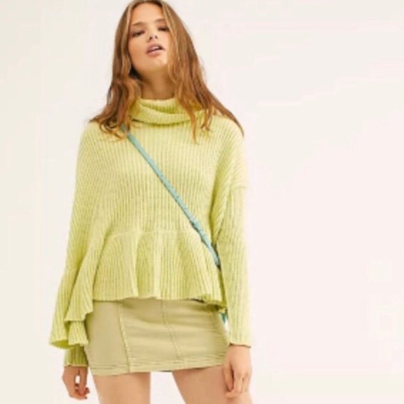 FREE PEOPLE | Neon Lime Green Cowl Neck Ruffle Hem Layer Cake Boho Knit Sweater - Picture 2 of 9
